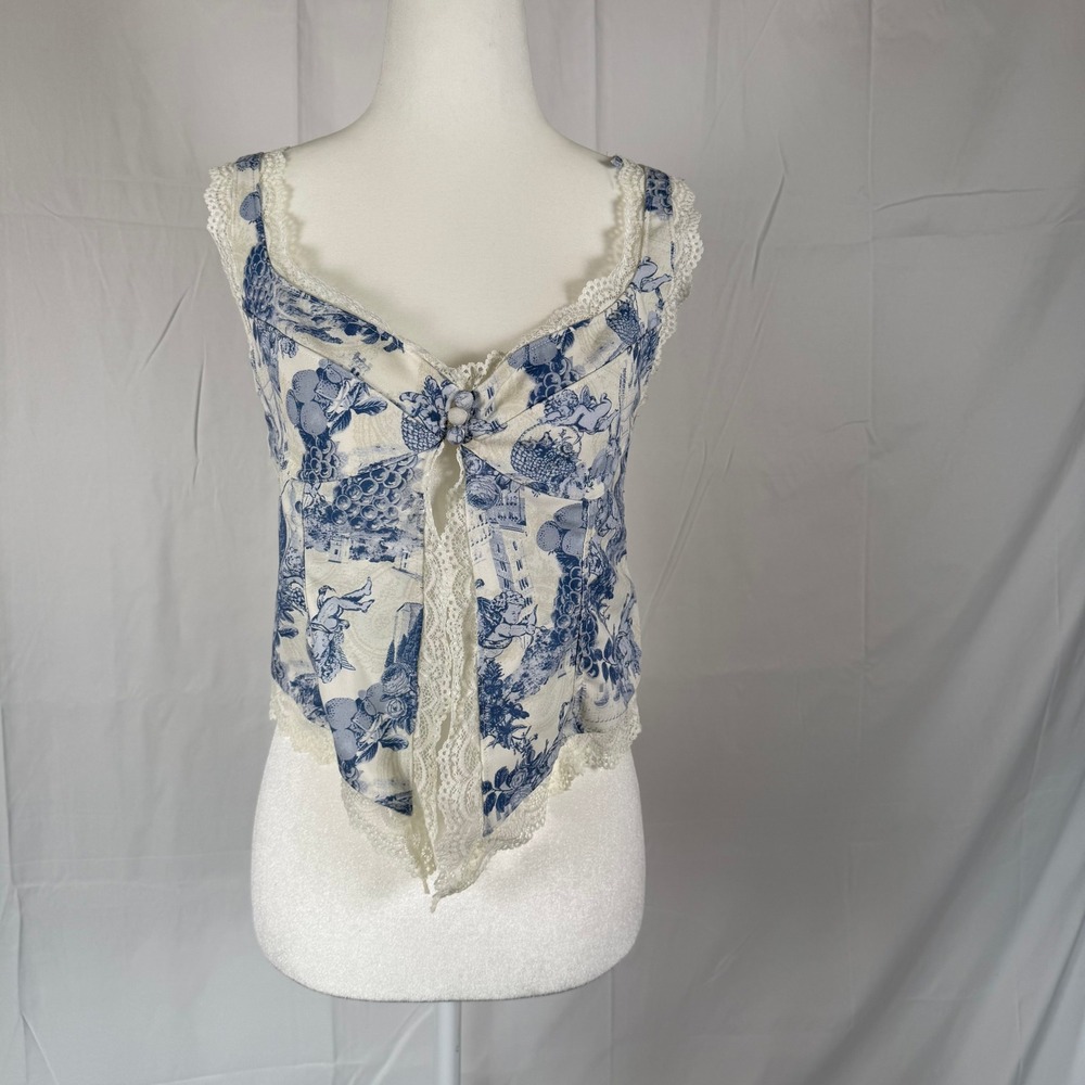 Boho Cottagecore Blue White Toile Lace Trim Corset Cami Top Urban Outfitters L